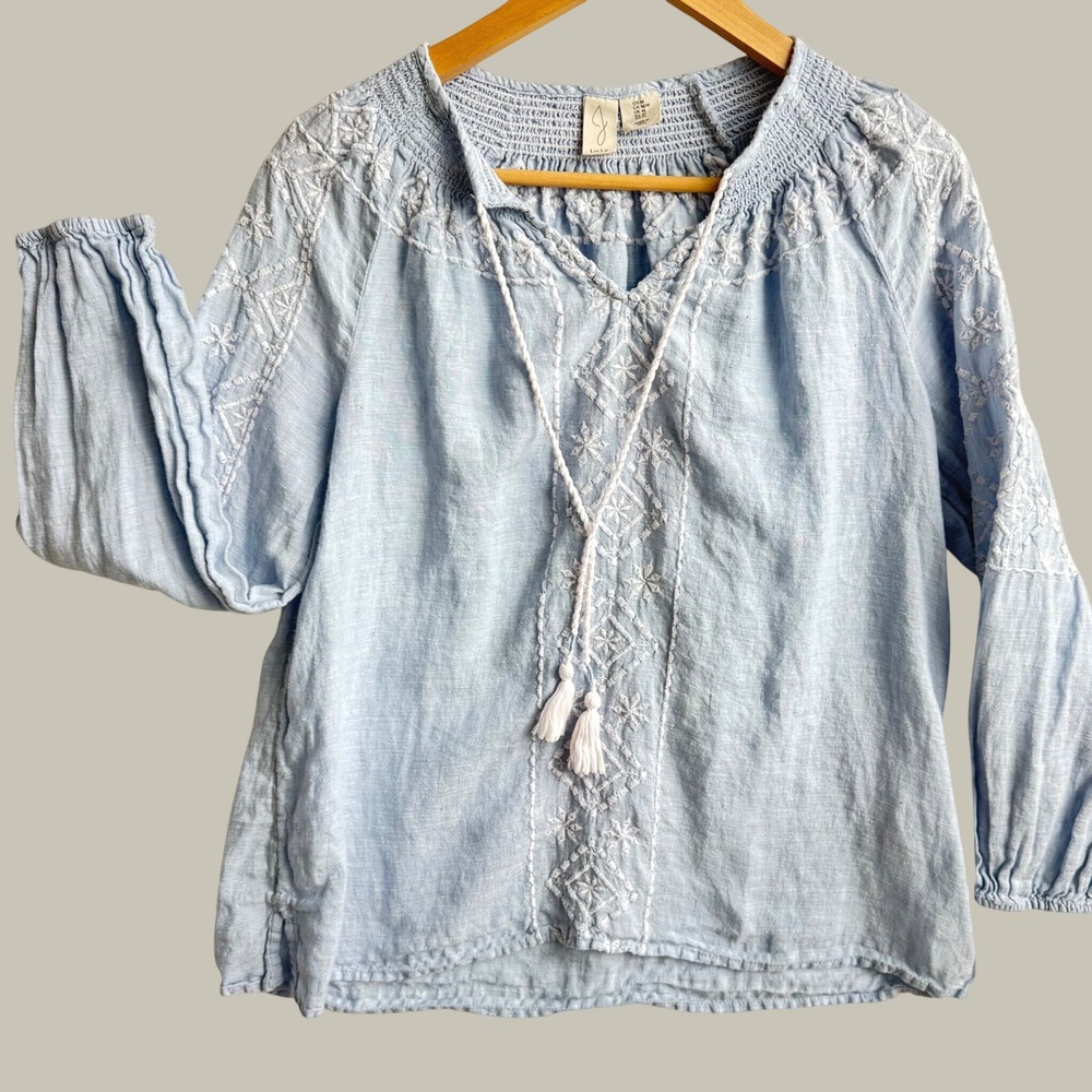 Joie Blue 100% Linen Embroidered Peasant Blouse Tassel Tie Top Size Medium - Picture 3 of 9